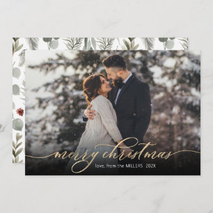 Calligraphy Gold Script Foliage Photo Christmas Holiday Card