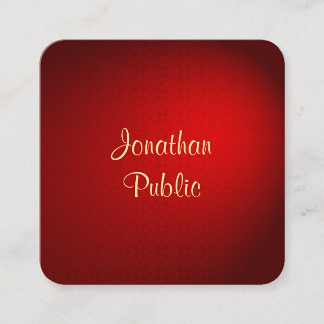 Calligraphy Gold Text Template Elegant Red Damask Square Business Card (Front)