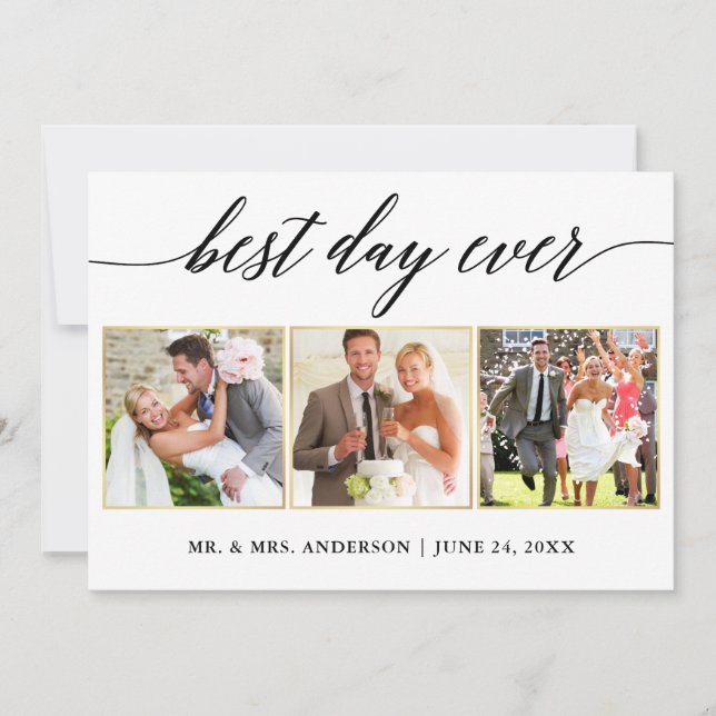 Calligraphy Gold Wedding 3 Photo Best Day Ever Thank You Card (Front)