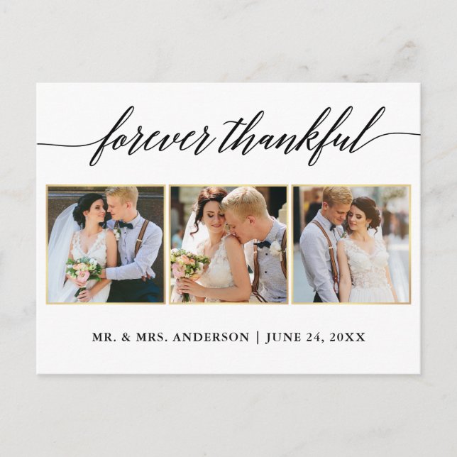 Calligraphy Gold Wedding 3 Photo Forever Thankful Postcard (Front)