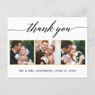Calligraphy Gold Wedding 3 Photo Thank You Postcard