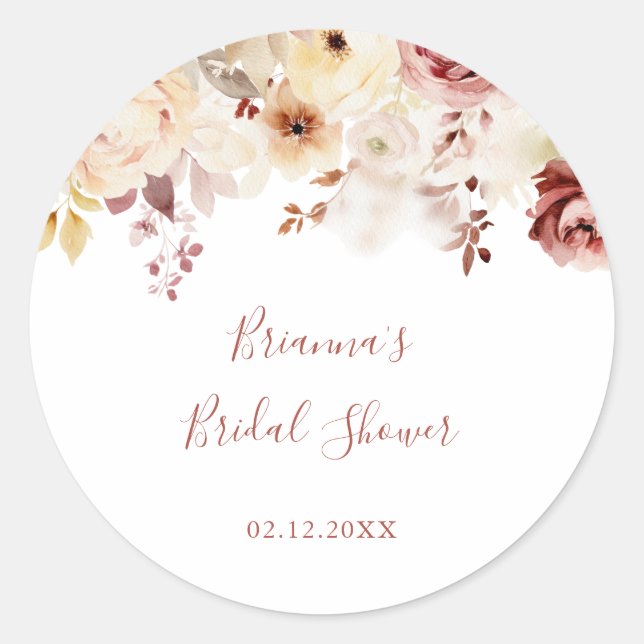 Calligraphy Graceful Floral Bridal Shower Favour Classic Round Sticker (Front)