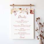 Calligraphy Graceful Floral Wedding Drinks Menu  Poster<br><div class="desc">This calligraphy graceful floral wedding drinks menu sign is perfect for a rustic wedding. The design features dainty watercolor white,  burgundy,  pink roses and fall leaves.</div>