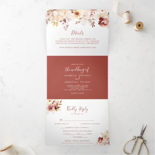 Calligraphy Graceful Floral Wedding Tri-Fold Invitation