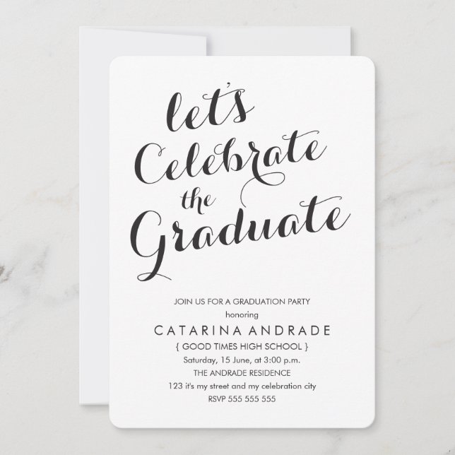 Calligraphy Graduation Party Photo Black White Invitation (Front)
