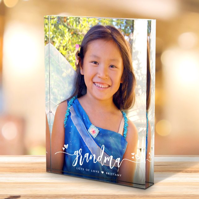 Calligraphy Grandma Heart Custom Name Keepsake Photo Block (Creator Uploaded)