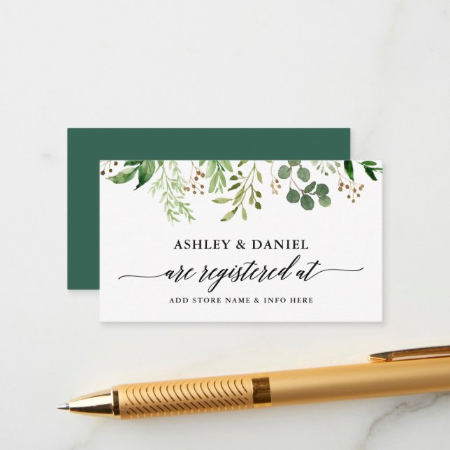 Calligraphy Green Botanical Wedding Registry Enclosure Card (Front/Back In Situ)