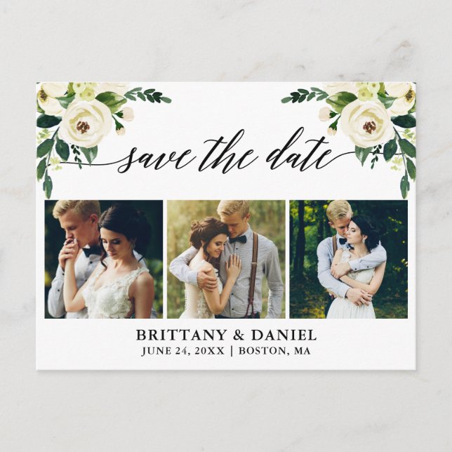 Calligraphy Green Floral Save The Date 3 Photo Announcement Postcard (Front)