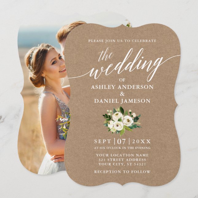 Calligraphy Green Floral Wedding Kraft Photo Invitation (Front/Back)