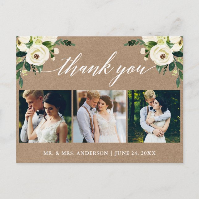 Calligraphy Green Floral Wedding Thank You Kraft Postcard (Front)