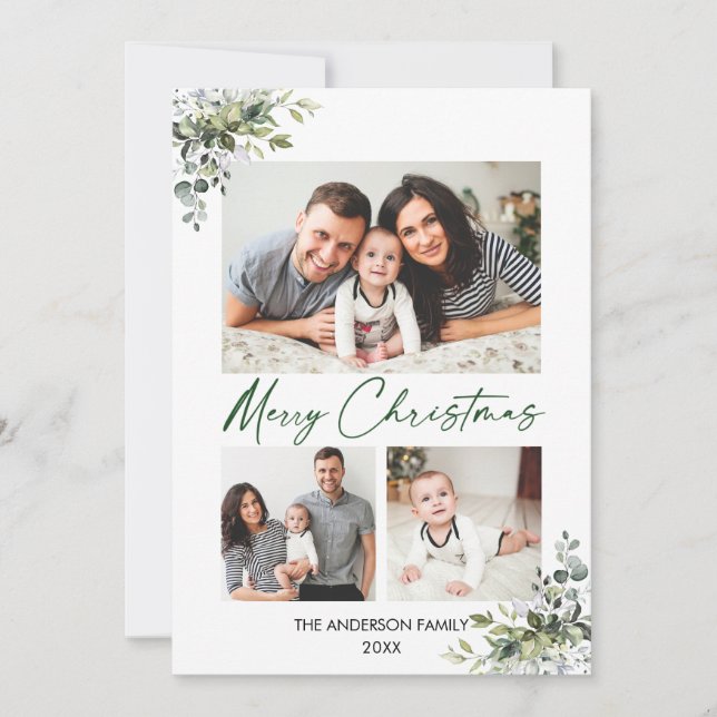 Calligraphy Green Ink Christmas Greenery 3 Photo Holiday Card (Front)