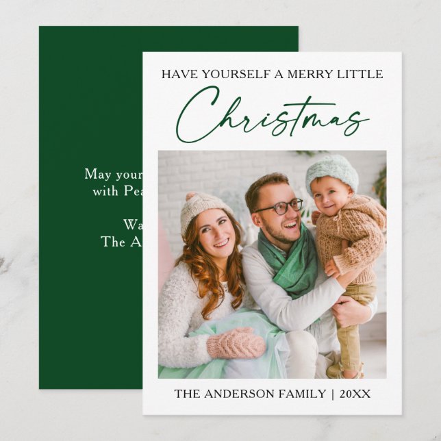 Calligraphy Green Ink Pen Minimalist Photo Holiday Card (Front/Back)