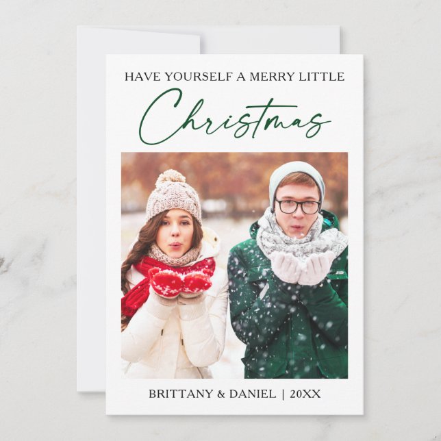 Calligraphy Green Ink Pen Minimalist Photo Holiday Card (Front)