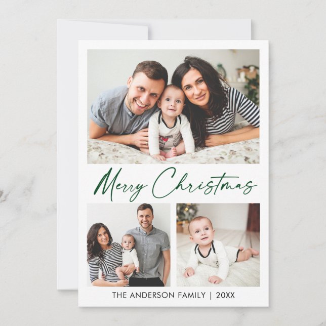 Calligraphy Green Ink Script Christmas 3 Photo Holiday Card (Front)