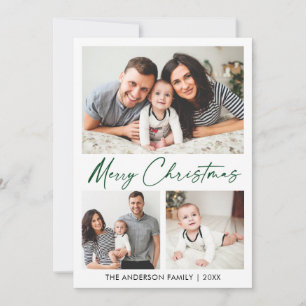 Calligraphy Green Ink Script Christmas 3 Photo Holiday Card