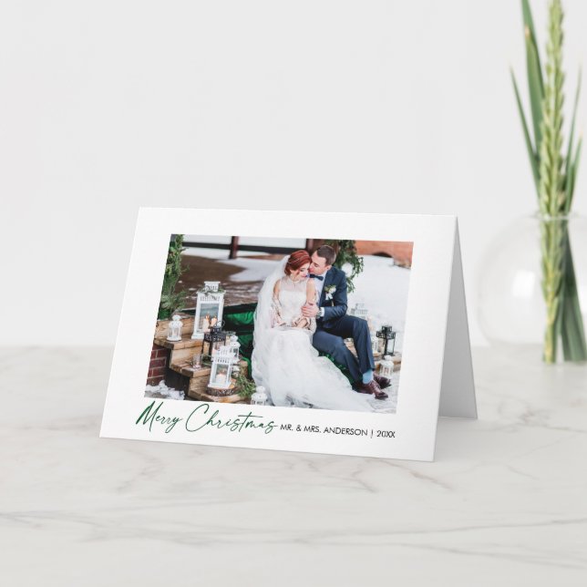 Calligraphy Green Ink Script Wedding Fold Photo Holiday Card (Front)