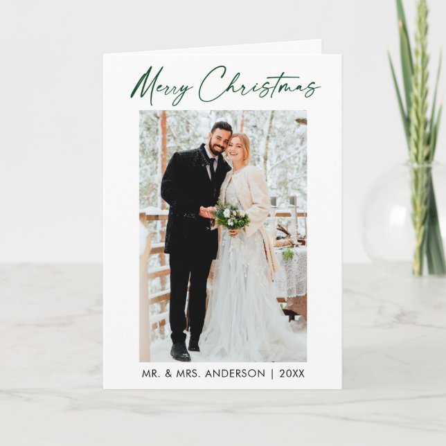 Calligraphy Green Ink Script Wedding Photo Folded Holiday Card (Front)