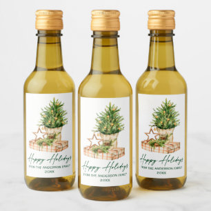 Calligraphy Green Ink Watercolor Tree Holiday Wine Label