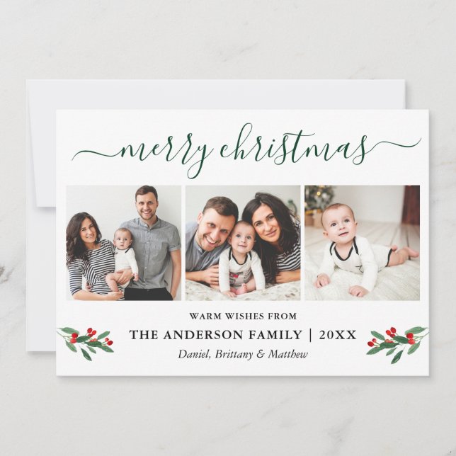 Calligraphy Green Merry Christmas Holly 3 Photo Holiday Card (Front)