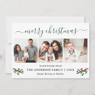 Calligraphy Green Merry Christmas Holly 3 Photo Holiday Card