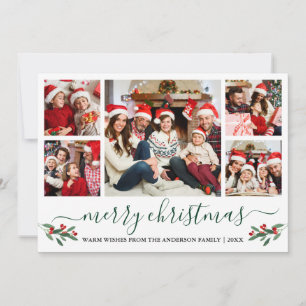Calligraphy Green Merry Christmas Holly 5 Photo Holiday Card