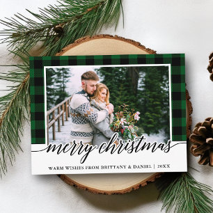 Calligraphy Green Plaid Couple Photo Christmas Postcard