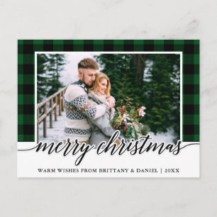 Calligraphy Green Plaid Couple Photo Christmas Postcard