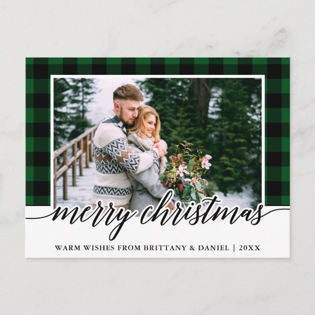 Calligraphy Green Plaid Couple Photo Christmas Postcard (Front)