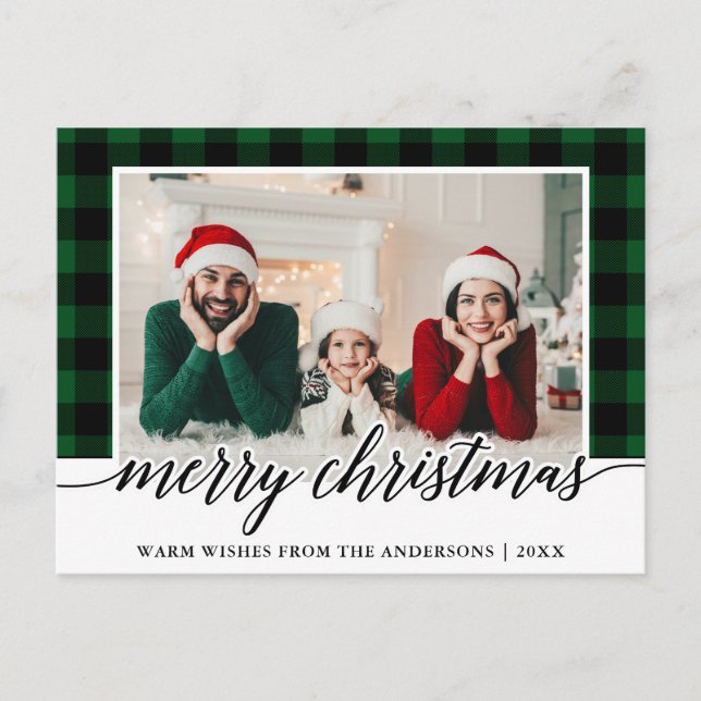 Calligraphy Green Plaid Family Photo Christmas Postcard (Front)