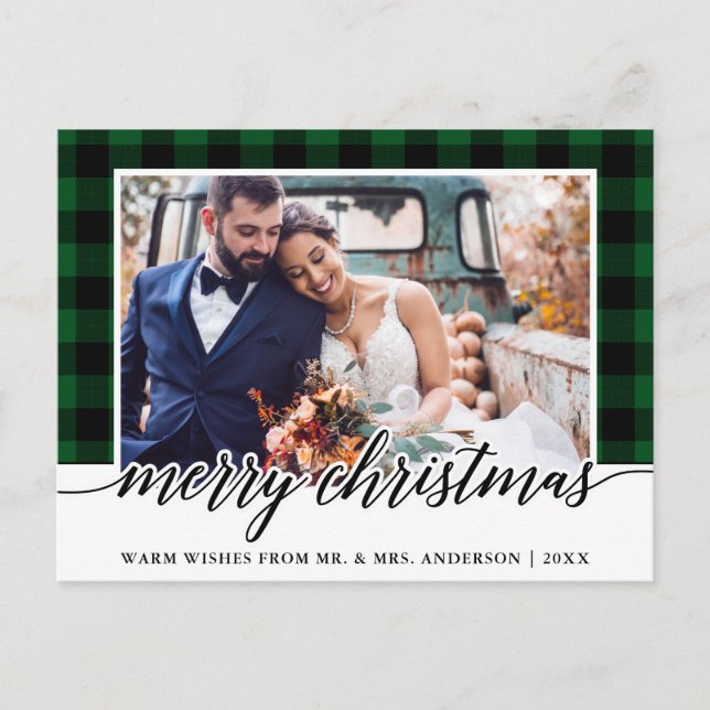 Calligraphy Green Plaid Wedding Photo Christmas Postcard (Front)