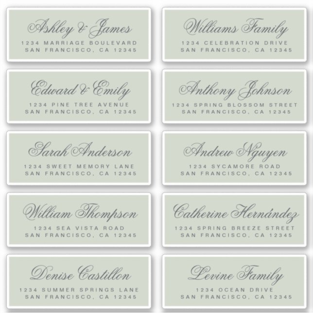 Calligraphy Green Wedding Guest Address Labels (Front)