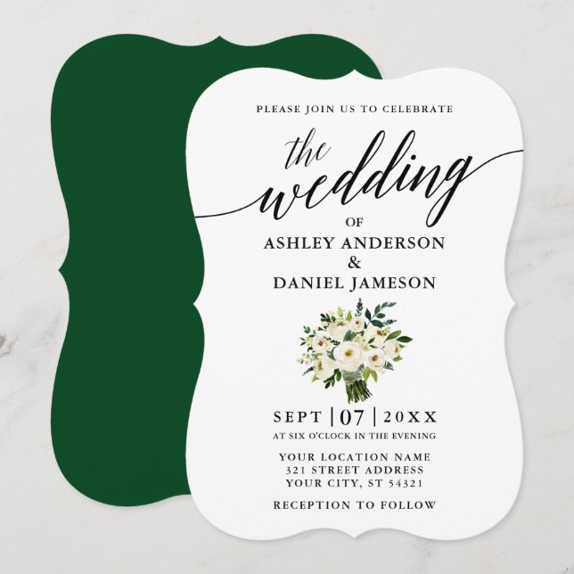 Calligraphy Green White Floral Bouquet Wedding Invitation (Front/Back)