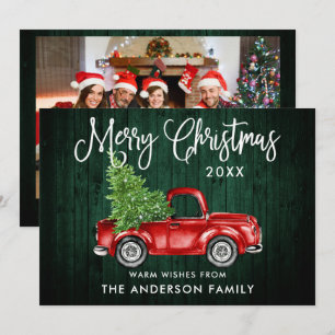 Calligraphy Green Wood Truck Christmas Photo Back Holiday Card