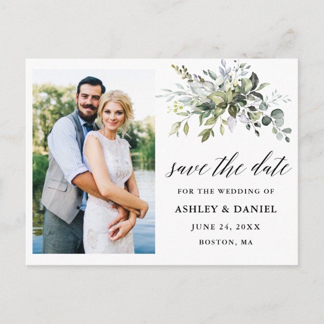 Calligraphy Greenery Save the Date Photo Postcard (Front)