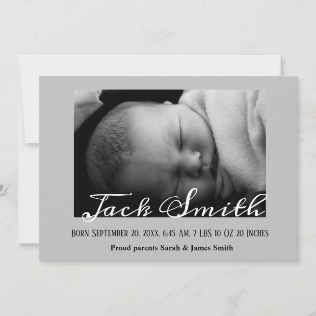 Calligraphy Grey Baby Boy Photo Birth Announcement (Front)