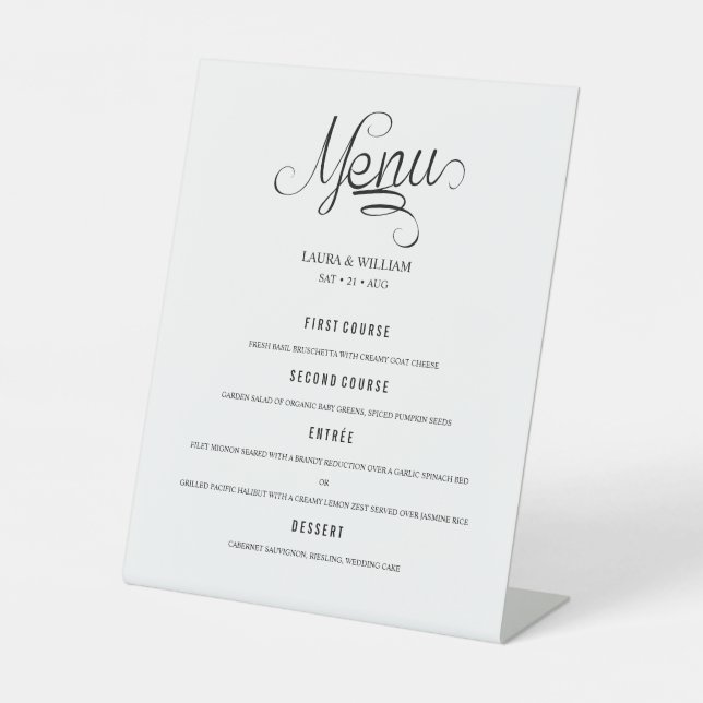 Calligraphy Handlettered Wedding Menu Dinner Pedestal Sign (Front)
