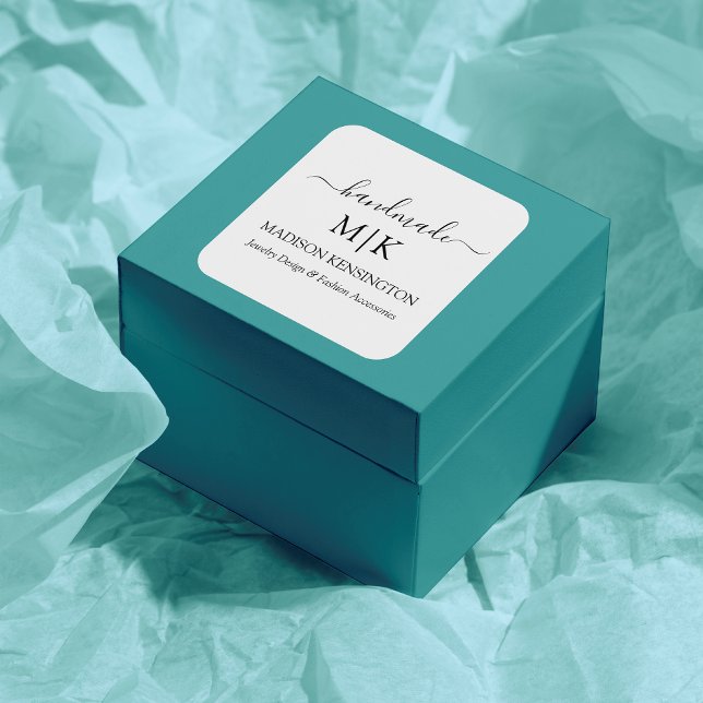 Calligraphy Handmade Monogram or Add Logo Business Square Sticker (Edit to Customize text, colors and more)