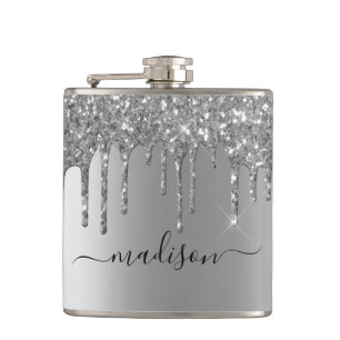 Calligraphy Handwritten Custom Silver Glitter Hip Flask