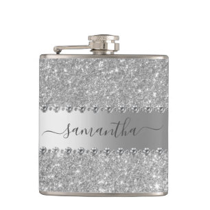 Calligraphy Handwritten Diamond Rose Gold Glitter Hip Flask