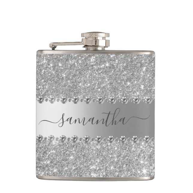 Calligraphy Handwritten Diamond Rose Gold Glitter  Hip Flask (Front)