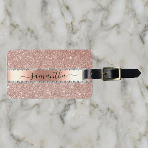 Calligraphy Handwritten Diamond Rose Gold Glitter Luggage Tag