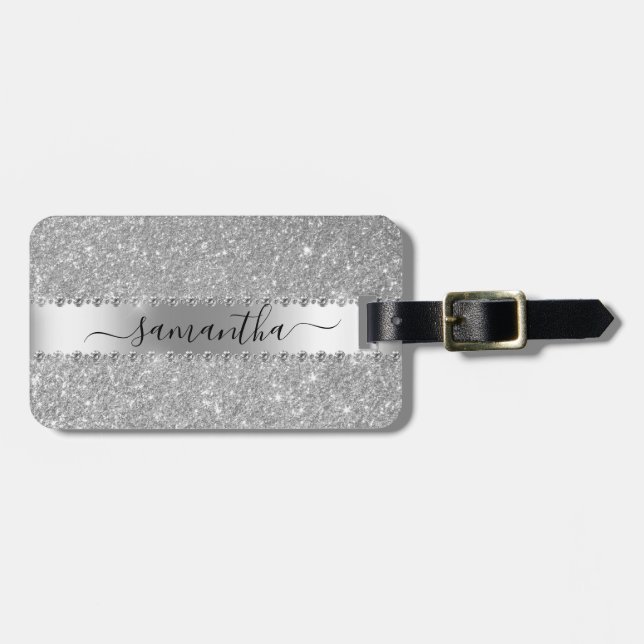 Calligraphy Handwritten Diamond Silver Glitter Luggage Tag (Front Horizontal)