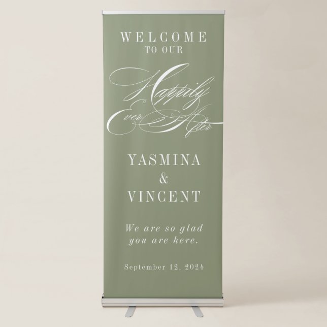 Calligraphy Happily Ever After Sage Welcome Retractable Banner (Front)