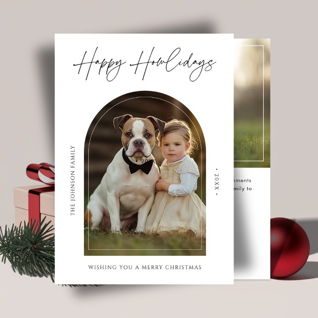 Calligraphy Happy Howliday Christmas Dog Photo Kid Holiday Card (Creator Uploaded)