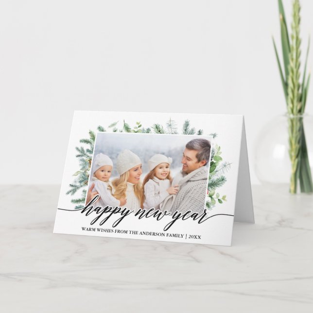 Calligraphy Happy New Year Pine Greenery Photo Holiday Card (Front)