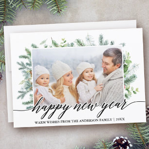 Calligraphy Happy New Year Pine Greenery Photo Holiday Card