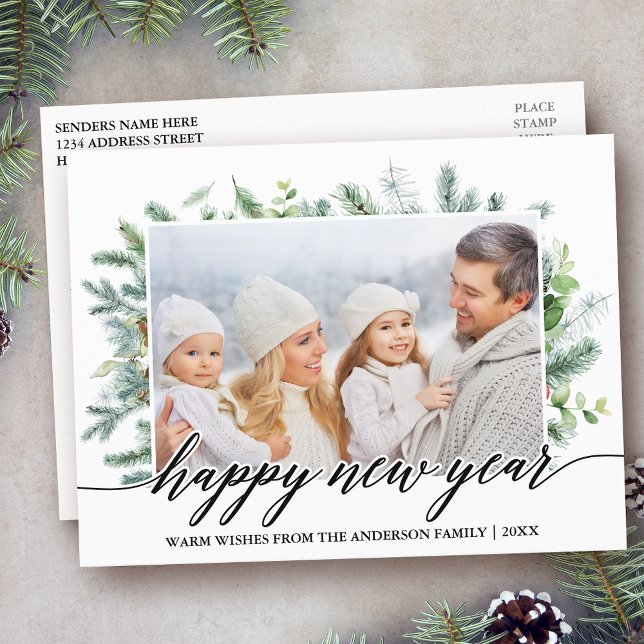 Calligraphy Happy New Year Pine Greenery Photo Postcard (Customize to change your personalized text size or text style.)