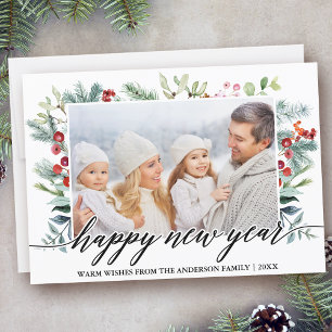 Calligraphy Happy New Year Winter Greenery Photo Holiday Card