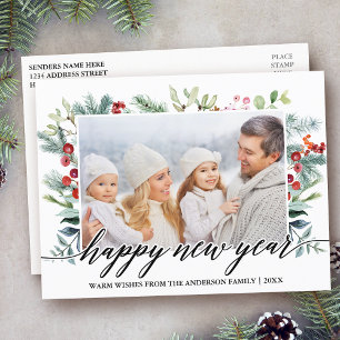 Calligraphy Happy New Year Winter Greenery Photo Postcard