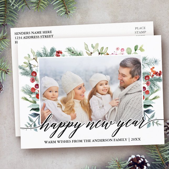 Calligraphy Happy New Year Winter Greenery Photo Postcard (Customize to change your personalized text size or text style.)